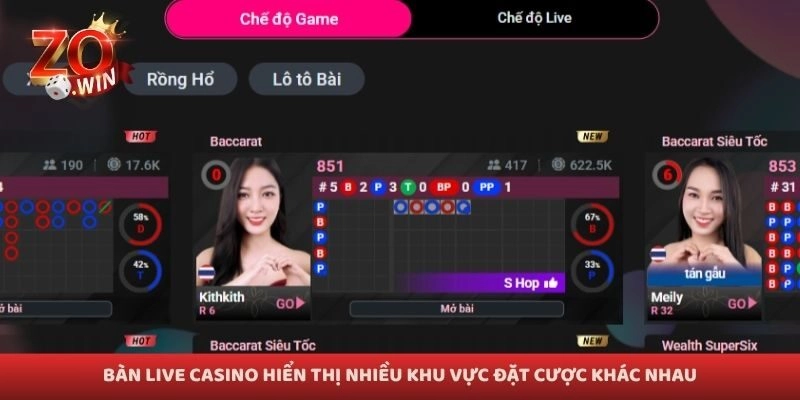 Bàn live casino hiển thị nhiều khu vực đặt cược khác nhau