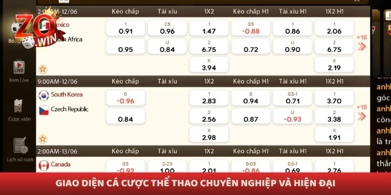 Giao diện cá cược thể thao chuyên nghiệp và hiện đại
